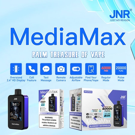 Dispositivo de vapeo MediaMax de JNR con pantalla HD de 2,4 pulgadas, funciones de llamada y texto, cámara remota, flujo de aire ajustable, localizador de teléfono/vapeo y dos modos: Modo normal de 40.000 caladas y modo de pulso de 20.000 caladas.