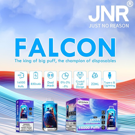 Imagen promocional del vapeador desechable JNR Falcon que cuenta con 16000 caladas, batería de 850mAh, malla dual, opciones de nicotina 0%-5%, diseño artesanal de cristal, 22ml de capacidad y carga Type-C & Lightning.