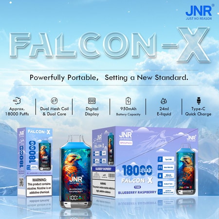 Dispositivo de vapeo desechable FALCON-X con 18000 caladas, doble bobina de malla, pantalla digital, batería de 950mAh, 24ml de e-líquido y carga rápida Tipo-C, en envase con sabor a frambuesa y arándanos de JNR.