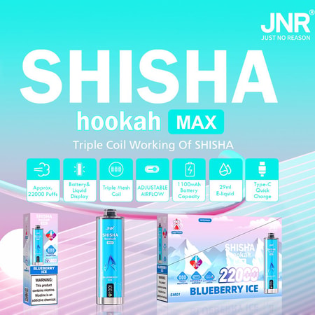 Vapeador desechable JNR Shisha Hookah Max Blueberry Ice con 22000 caladas, batería de 1100mAh, 29ml de e-líquido, flujo de aire ajustable, indicador de batería y líquido, carga rápida Type-C y triple bobina de malla.