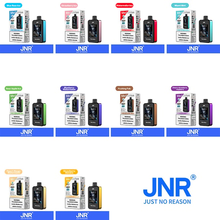 Varios dispositivos de vapeo JNR Mega Max de diferentes sabores, incluidos Blue Razz Ice, Strawberry Ice, Watermelon Ice, Miami Mint, Sour Apple Ice, Blueberry Watermelon, F***ing Fab, Cherry Strawberry Raspberry, Peach Mango Watermelon y Strawberry Banana, expuestos con su embalaje.