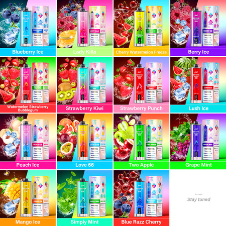 Una gama de productos de vapeo aromatizados con diversas combinaciones de fruta y menta, como Blueberry Ice, Lady Killa, Cherry Watermelon Freeze, Berry Ice, Watermelon Strawberry Bubblegum, Strawberry Kiwi, Strawberry Punch, Lush Ice, Peach Ice, Love 66, Two Apple, Grape Mint, Mango Ice, Simply Mint y Blue Razz Cherry. Cada sabor va acompañado de un colorido envase y vibrantes imágenes de frutas. En la parte inferior derecha aparece un recuadro "Stay tuned".