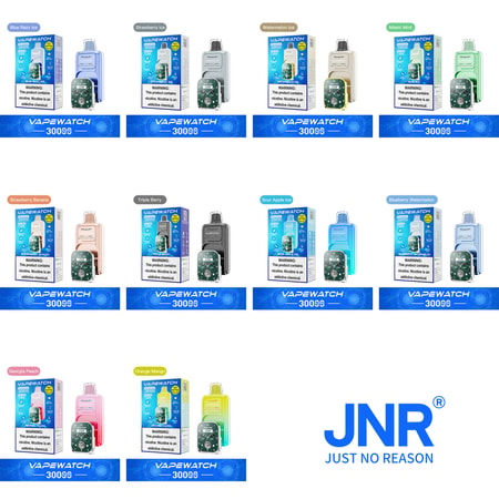 "Vapewatch 3000 dispositivos de vapeo desechables de varios sabores: Blue Razz Ice, Strawberry Ice, Watermelon Ice, Miami Mint, Strawberry Banana, Triple Berry, Sour Apple Ice, Blueberry Watermelon, Georgia Peach y Orange Mango, expuestos junto a sus envases. El nombre de la marca 'JNR Just No Reason' también es visible".
