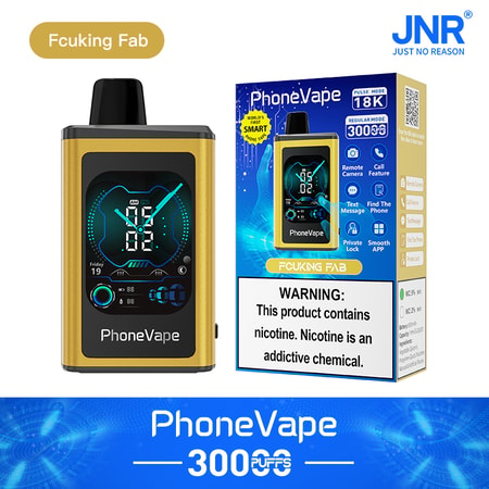 Dispositivo de vapeo PhoneVape 3000 puffs con funciones inteligentes que incluyen cámara remota, llamada, mensaje de texto y bloqueo privado. El envase advierte de que el producto contiene nicotina. Aparecen la marca "JNR" y el eslogan "Fcuking Fab".