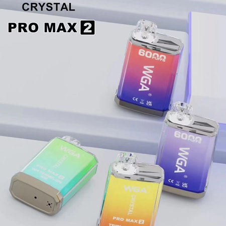 WGA Crystal Pro Max 2 vape devices in various colors, with "6000 puffs" label and flavor names such as "Watermelon" and "Triple Mango".