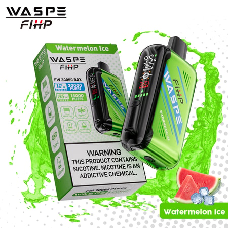 WASPE Fihp Watermelon Ice vape box featuring 30,000 puffs, 25 mg nicotine, Type-C charging, and 850 mAh battery with a warning about nicotine addiction.