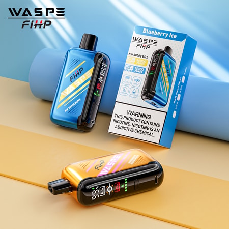 Two WASP FiHP vape devices and their packaging on a blue and yellow background, with the blue device and box flavor labeled as "Blueberry Ice" and a nicotine warning.
