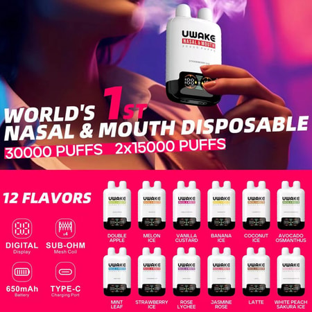 A person holding a dual nasal and mouth disposable vape with digital display, offering 30,000 puffs and available in 12 flavors.