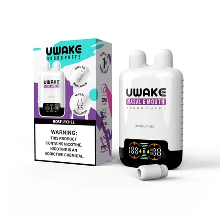 UWake Nasal & Mouth device and packaging for Rose Lychee flavor, displaying product details and a nicotine warning.