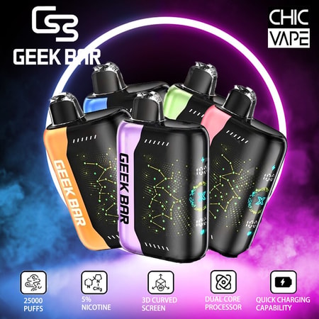 Multicolored Geek Bar vape devices on a neon-lit background with icons indicating features like 25000 puffs, 5% nicotine, 3D curved screen, dual-core processor, and quick charging capability.