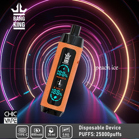 Dispositif de vape jetable Bang King avec écran numérique, texture en cuir orange, saveur "peach ice", chargeur Type-C, batterie 650mAh, capacité de 30ml, mesh coil, et 25000 bouffées, sur fond de tunnel néon futuriste.