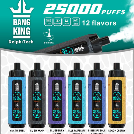Affichage de l'appareil e-shisha Bang King 25 000 bouffées avec six options de saveurs, dont Vimto Bull, Cush Man, Blueberry Grape, Blue Raspberry Lemonade, Blueberry Sour Raspberry et Lemon Cherry, ainsi que des spécifications de produit telles qu'une batterie de 650 mAh, une capacité de 30 ml et une charge de type C.