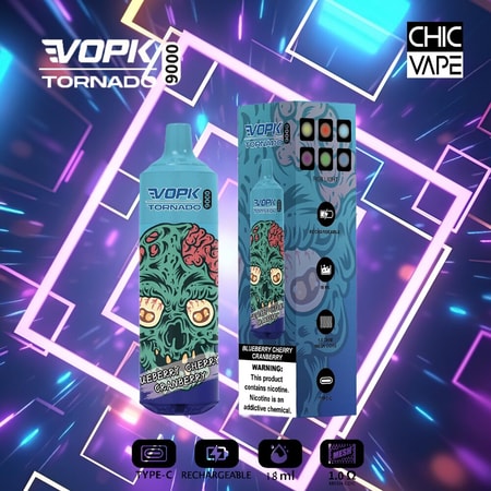 Vape-enhet och förpackning för VOPK Tornado 9000, med en blå design med zombietema och smakmärket "Blueberry Cherry Cranberry", uppladdningsbar via Type-C, med RGB-ljus och 18 ml kapacitet.