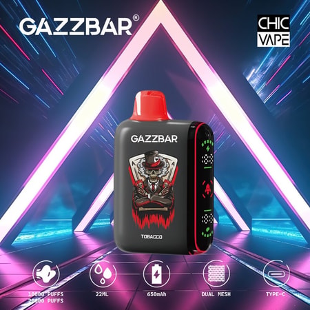 A black GAZZBAR vape device with a red tip, featuring a skeleton in a top hat holding two red sticks. The device advertises "10,000 puffs," "22ml," "650mAh," "Dual Mesh," and "Type-C" charging against a neon-lit futuristic background.