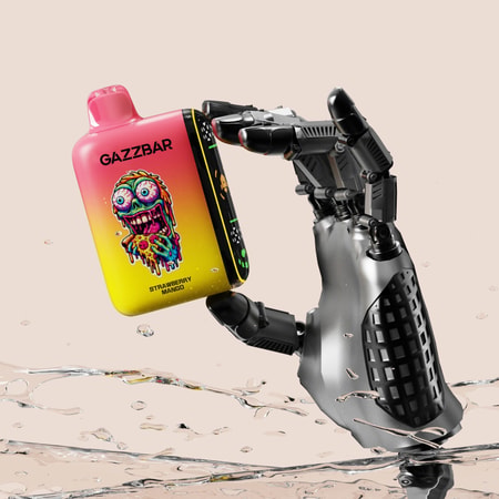A robotic hand holding a colorful vape device labeled "GAZZBAR" with a cartoonish, dripping monster face and "Strawberry Mango" flavor text, splashing water below.