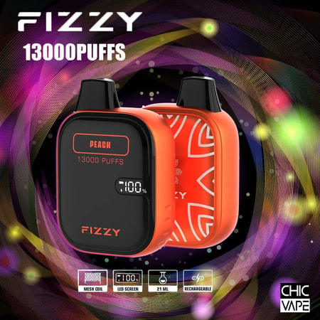 A rechargeable disposable vape device labeled "Fizzy" with a peach flavor, offering 13,000 puffs, featuring a digital display, mesh coil, and 21 ml e-liquid capacity.