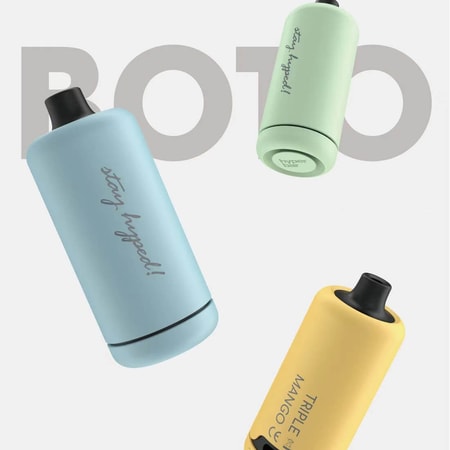 Colorful cylindrical vaping devices in pastel shades (blue, green, and yellow) with smooth finishes and black mouthpieces, featuring minimalistic branding and text like "stay hyped!" and "TRIPLE MANGO," displayed against a light gray background.