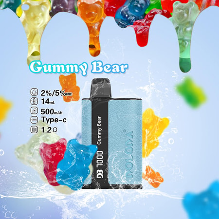 Gummy Bear vape device with a light blue design, featuring 2%/5% nicotine, 14mL capacity, 500mAh battery, Type-C charging, and 1.2Ω resistance, set against a background of colorful gummy bears and splashing liquid.
