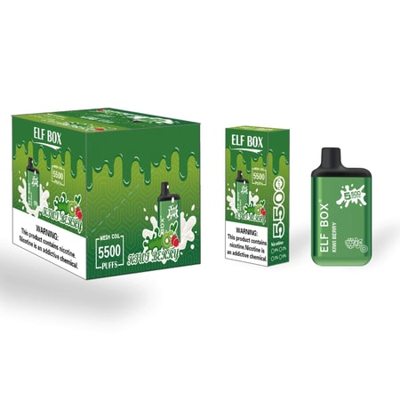 Empaque y dispositivo de vapeo desechable Elf Box Kiwi Berry que presenta un diseño verde con gráficos de líquido goteando, etiquetado "5500 bocanadas" y "bobina de malla", acompañado de una advertencia sobre nicotina.