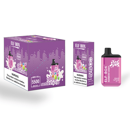Diseño de empaque para el producto de vapeo Rainbow Candy "Elf Box", que incluye una caja violeta, un empaque más pequeño y un dispositivo de vapeo rosa con una etiqueta que muestra 5500 bocanadas y advertencias sobre la nicotina.