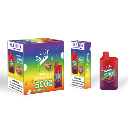 ELF BOX Tropical Rainbow Blast disposable vape with red design, "5000 PUFFS" branding, mesh coil technology, and packaging featuring a colorful gradient and nicotine warning label.