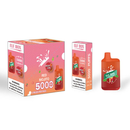 Elf Box Red Mojito disposable vape packaging and device featuring a red design with splashing liquid graphics, labeled "5000 puffs" and "mesh coil," accompanied by a nicotine warning.