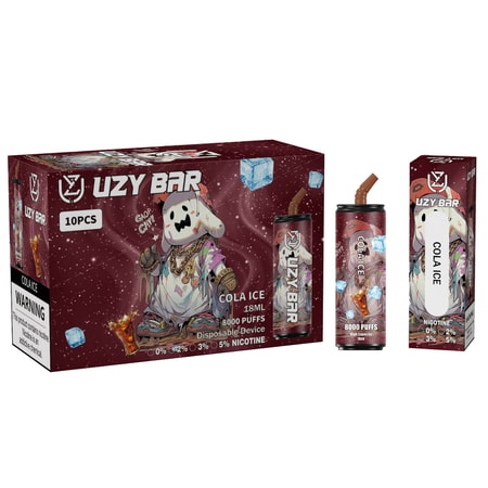 Einweg-Vaporizer und Verpackung von Uzy Bar mit Cartoon-Charakter-Design, Cola-Eis-Geschmack, Produktdetails und einem Nikotin-Warnhinweis.