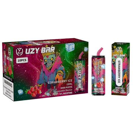 Farbenfrohes Uzy Bar-Vaping-Gerät mit der Geschmacksmarke „Strawberry Ice“, 18 ml Fassungsvermögen, „8000 Zügen“, Einwegdesign, lebendiger Cartoon-Grafik und Nikotin-Warnhinweis auf der Verpackung.