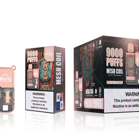 Imballaggio ed esposizione del prodotto del dispositivo di vaporizzazione Bang Box, caratterizzato da 9000 soffi, bobina a rete, porta ricaricabile Type-C e gusto gelato alla fragola con un'etichetta di avvertimento ben visibile sulla nicotina.