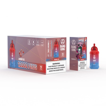 Förpackning och produktbild för Bang King vape med 12 000 puffar, smak Cherry Ice, med en röd och blå design, karaktärsteckningar och varningsetiketter för nikotin.