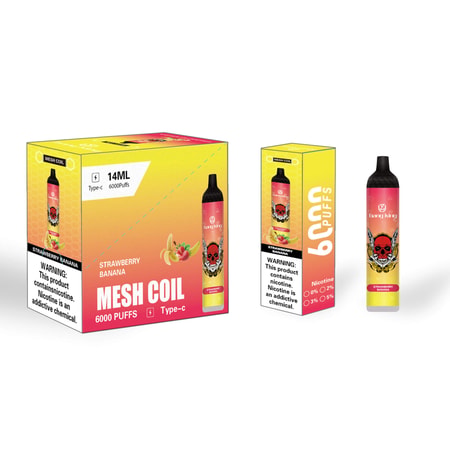 Emballage et appareil de la vape jetable Bang King Strawberry Banana présentant un design dynamique avec des images de fruits, étiqueté pour 6000 bouffées, une capacité de 14 ml et un port de type C, ainsi que des avertissements sur la dépendance à la nicotine.