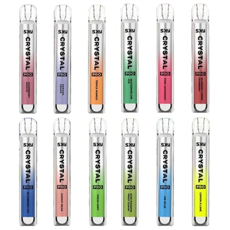 A collection of twelve colorful SK Crystal Pro vape devices, each labeled with different flavors, arranged in a grid on a white background.