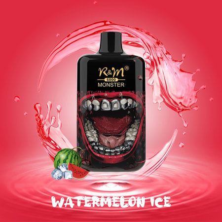 En svart vape-enhet märkt "R&M 6000 Monster" med en grafik av en öppen mun som visar vassa tänder, omgiven av röda vätskestänk, vattenmelonskivor och isbitar, som gör reklam för smaken "Watermelon Ice".