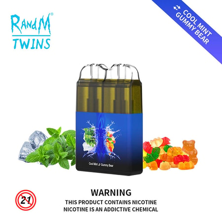 En vape-enhet med dubbla smaker märkt "RandM Twins" med smakerna "Cool Mint" och "Gummy Bear", med mintblad, is och gummibjörnar i designen, tillsammans med en nikotinvarning längst ner.