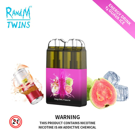 R&M Twins vape-enhet med rosa och grön design, med texten "Energy Drink + Guava Ice", guavafrukter, isbitar och en burk med energidryck samt en varningsetikett för nikotin.