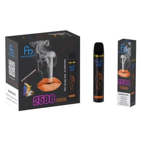 A black vape device and packaging featuring "2500 puffs," a smoking lips graphic, and the flavor "Pina Colada Rum" with branding text "FUMOT" and "Raw Babe."