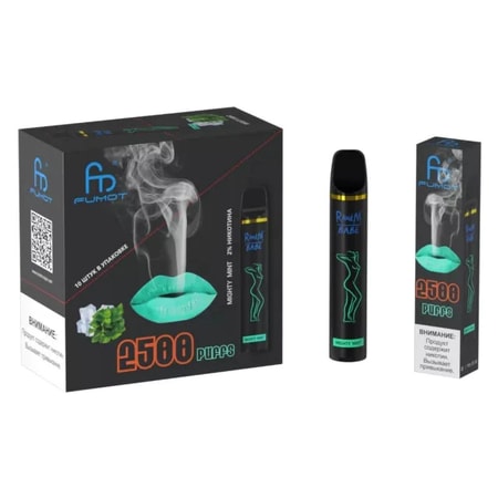 A vape device and packaging labeled "Fumot" and "RandM Babe," featuring the flavor "Mighty Mint," 2% nicotine, 2500 puffs, with a green lips design, mint leaves, ice cubes, and a silhouette graphic.