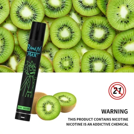 Se muestra un vaporizador negro etiquetado como "RandM Max" con sabor a kiwi delante de un fondo de rodajas de kiwi, acompañado de una advertencia sobre que la nicotina es una sustancia química adictiva y un símbolo "21+".