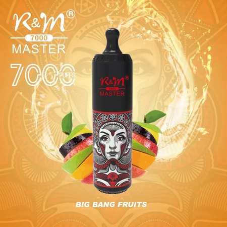 En vape-enhet märkt "R&M Master 7000" med en färgglad design som visar ett ansikte, omgivet av skivade frukter och en virvlande vätskebakgrund, märkt "Big Bang Fruits".