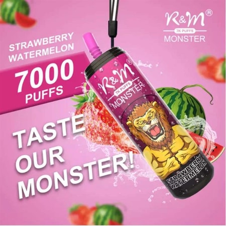 7000のパフを備えた「R＆Mモンスター」とラベル付けされた使い捨ての蒸気装置デバイス。