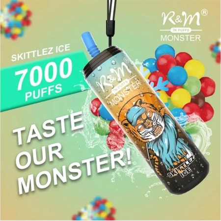カラフルなキャンディービジュアルに囲まれた「R＆M Monster」というラベルの「R＆M Monster」、「7000 Puffs」、「Skittetlez Ice」の風味とラベル付けされたカラフルなベイプデバイス。