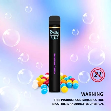 Vaporizador R&M Plus con sabor “Rainbow Candy” con un diseño negro, caramelos de colores y un fondo con temática de burbujas pastel, incluida una etiqueta de advertencia de nicotina.
