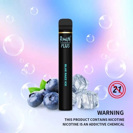 Una imagen promocional del vaporizador RandM Plus con sabor "Blue Razz Ice", con ilustraciones de arándanos, cubitos de hielo y burbujas, junto con una advertencia de nicotina en la parte inferior.