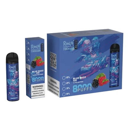 Envase para el vapeador R&M Tornado Blue Razz Ice, etiquetado con "8000 Puffs", con un diseño futurista, moras y frambuesas, junto con una advertencia de nicotina.