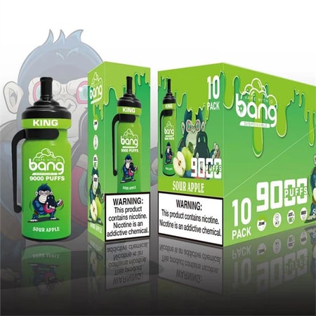 Envase y producto del vapeador desechable Bang King Sour Apple, con un gráfico de un mono, etiqueta de 9000 caladas y advertencias sobre la nicotina.