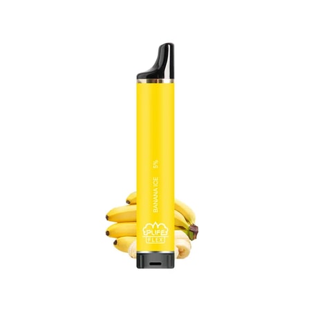 Yellow Banana Ice engångsvape med ett svart munstycke, med en 5% nikotinmärkning och omgiven av färska bananer.
