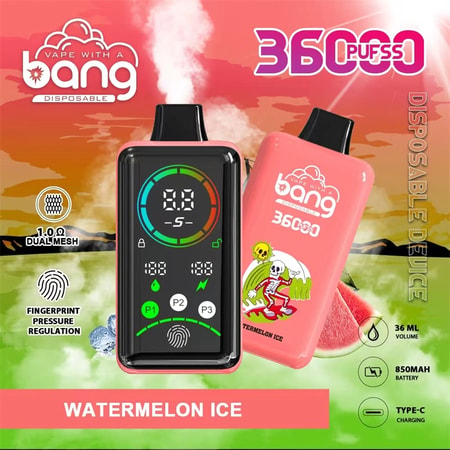 Un dispositif de vape jetable étiqueté "Bang Watermelon Ice" avec 36000 bouffées, doté d'un écran numérique, d'un réglage de la pression par empreinte digitale, d'une bobine à double maille, d'une capacité de liquide de 36ml, d'une batterie de 850mAh et d'une recharge USB-C.