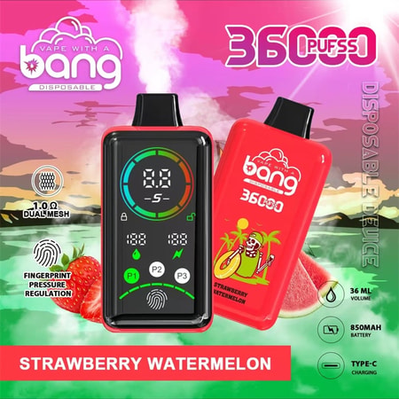 Dispositif de vape jetable avec la marque "Bang", doté d'un écran numérique, d'une capacité de 3600 bouffées, d'un arôme fraise-melon d'eau, d'un volume de 36ml, d'une batterie de 850mAh, d'une recharge Type-C et d'une régulation de la pression par empreinte digitale.