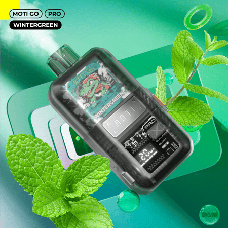 MOTI GO PRO vape-enhet i Wintergreen-smak, visas med mintblad och en bakgrund med grönt tema.