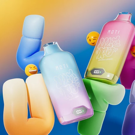 Colorful vape devices surrounded by playful, inflatable hand shapes and emoji faces against a vibrant gradient background.